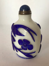 Load image into Gallery viewer, Snuff Bottle: Opaline Glass Bottle with Blue Overlay of Flowers and Birds
