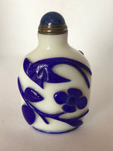 Load image into Gallery viewer, Snuff Bottle: Opaline Glass Bottle with Blue Overlay of Flowers and Birds
