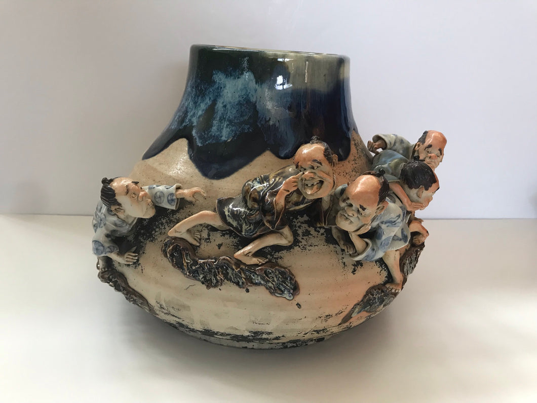 Japanese Ceramics: Rare Sumida Gawa Vase With Whimsical Figures by Famous Potter Ishiguro Koko