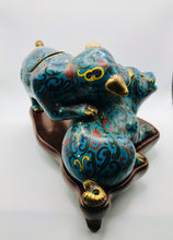 Load image into Gallery viewer, Mid 19th Century Playful Cloisonne Puppies on a Wood Stand
