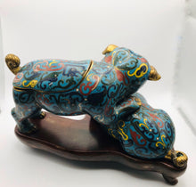 Load image into Gallery viewer, Mid 19th Century Playful Cloisonne Puppies on a Wood Stand
