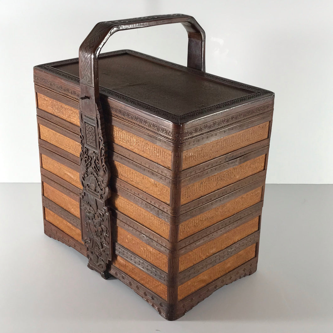 Basket: Beautiful Antique Woven Bamboo Stacked Box with Handle