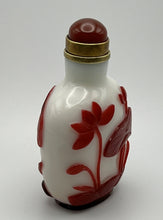 Load image into Gallery viewer, Snuff Bottle: Vintage Opaline Glass with Red Glass Overlay of Lotus
