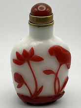 Load image into Gallery viewer, Snuff Bottle: Vintage Opaline Glass with Red Glass Overlay of Lotus
