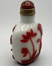 Load image into Gallery viewer, Snuff Bottle: Vintage Opaline Glass with Red Glass Overlay of Lotus
